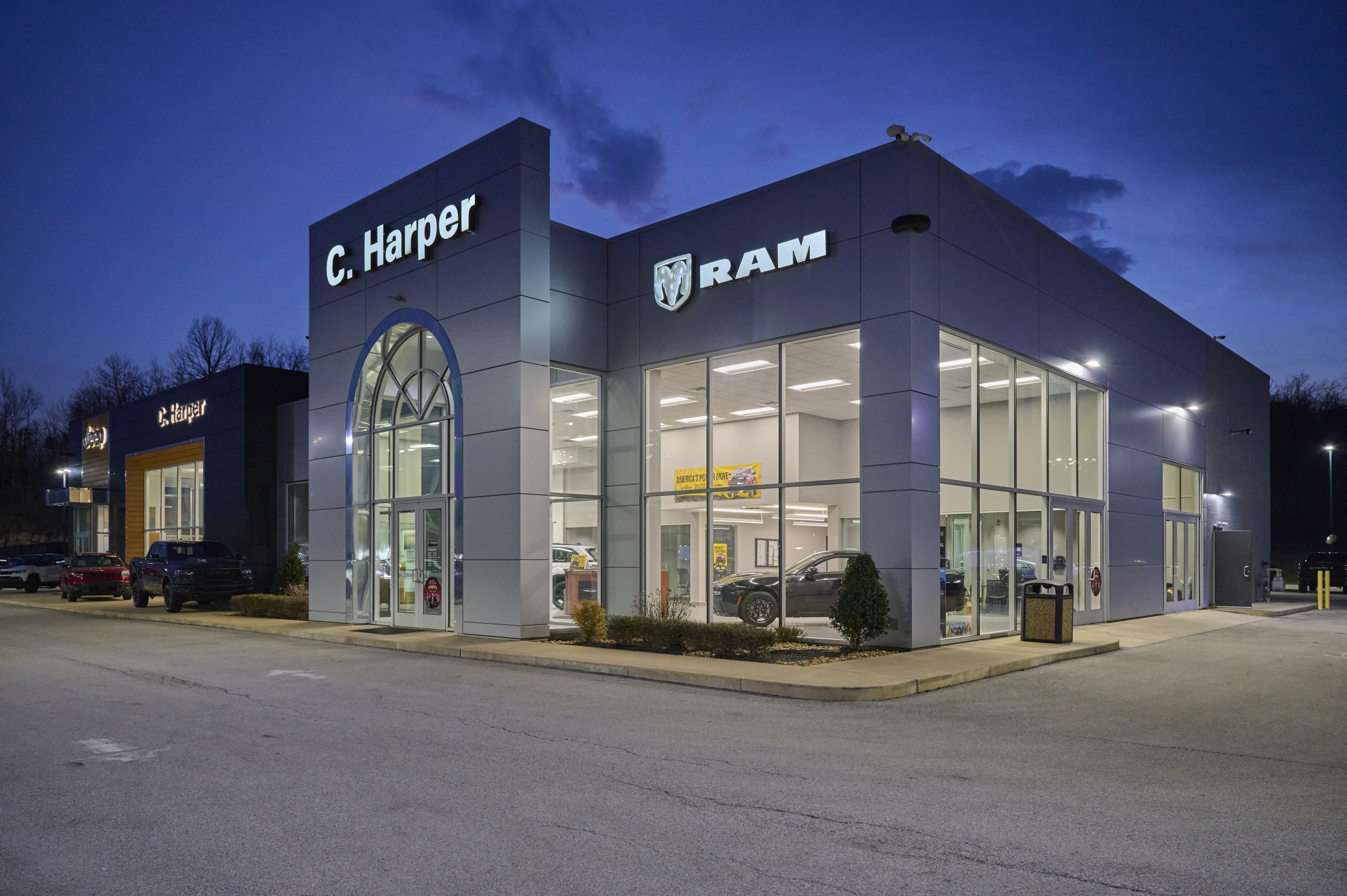 Night image showcasing lighting on the exterior